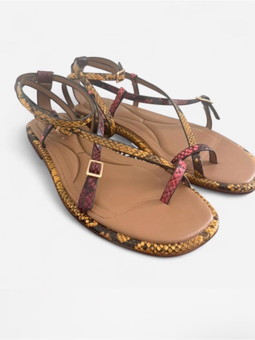 Kenneth Cole New York Brown and Red Snake-Print Strappy Flat Sandals